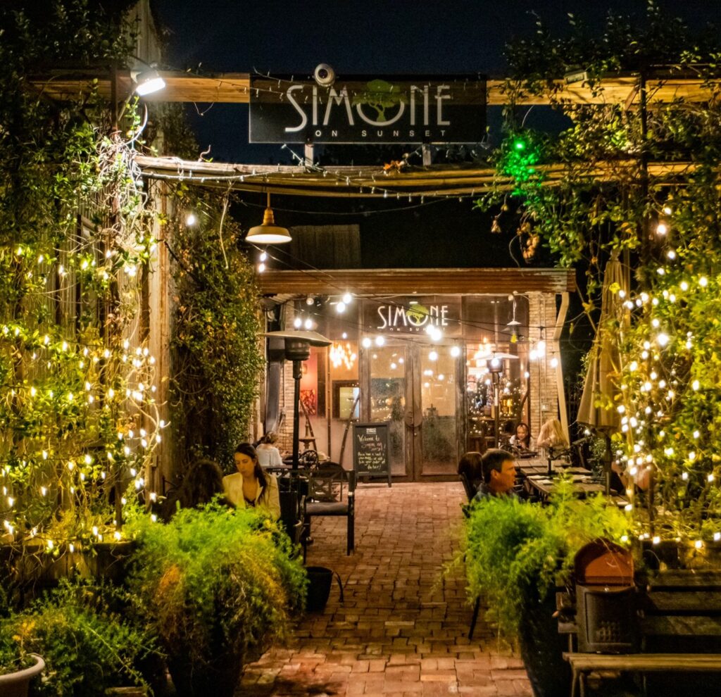 best bar in Houston for events — Simone on Sunset patio at night in Rice Village