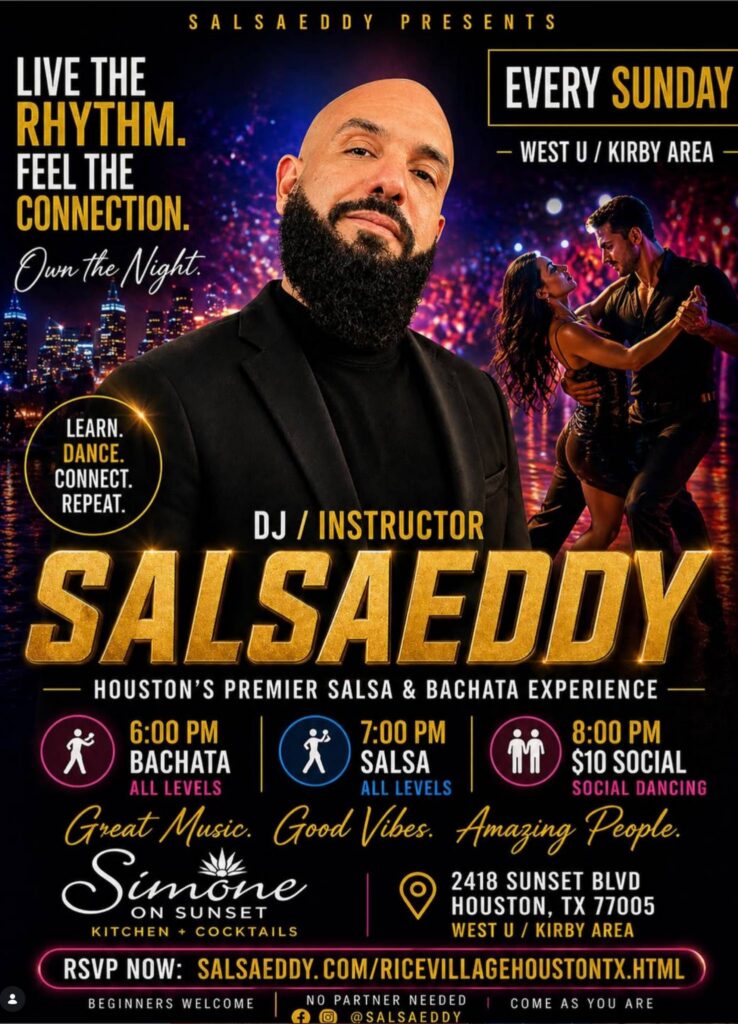 Salsa Night Sundays in Houston with Salsa Eddy at Simone on Sunset with salsa and bachata dancing