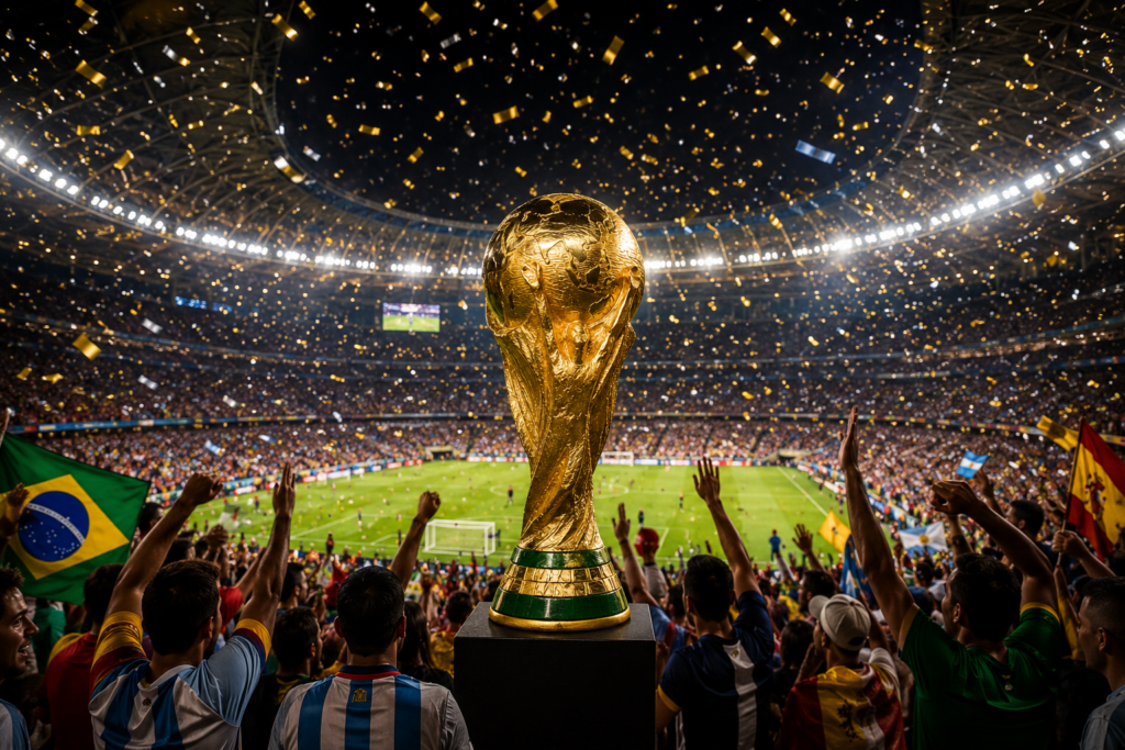 FIFA World Cup Houston trophy surrounded by fans celebrating inside a packed soccer stadium