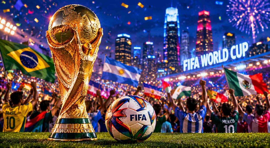 World Cup Houston celebration with FIFA World Cup trophy and fans