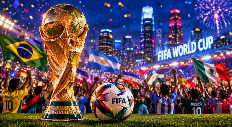 World Cup Houston celebration with FIFA World Cup trophy and fans
