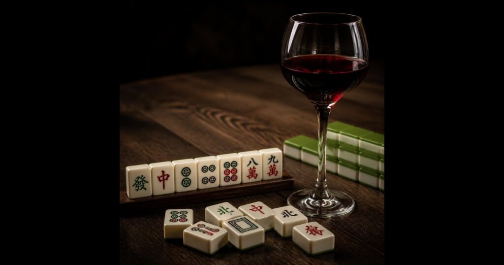 Mahjong tiles and a glass of red wine set out for Monday mahjong night in Houston